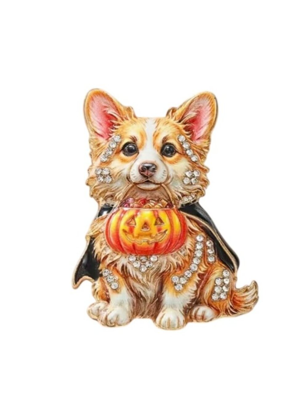 Corgi Halloween Enamel Brooch With Rhinestones & Pumpkin Cute Dog